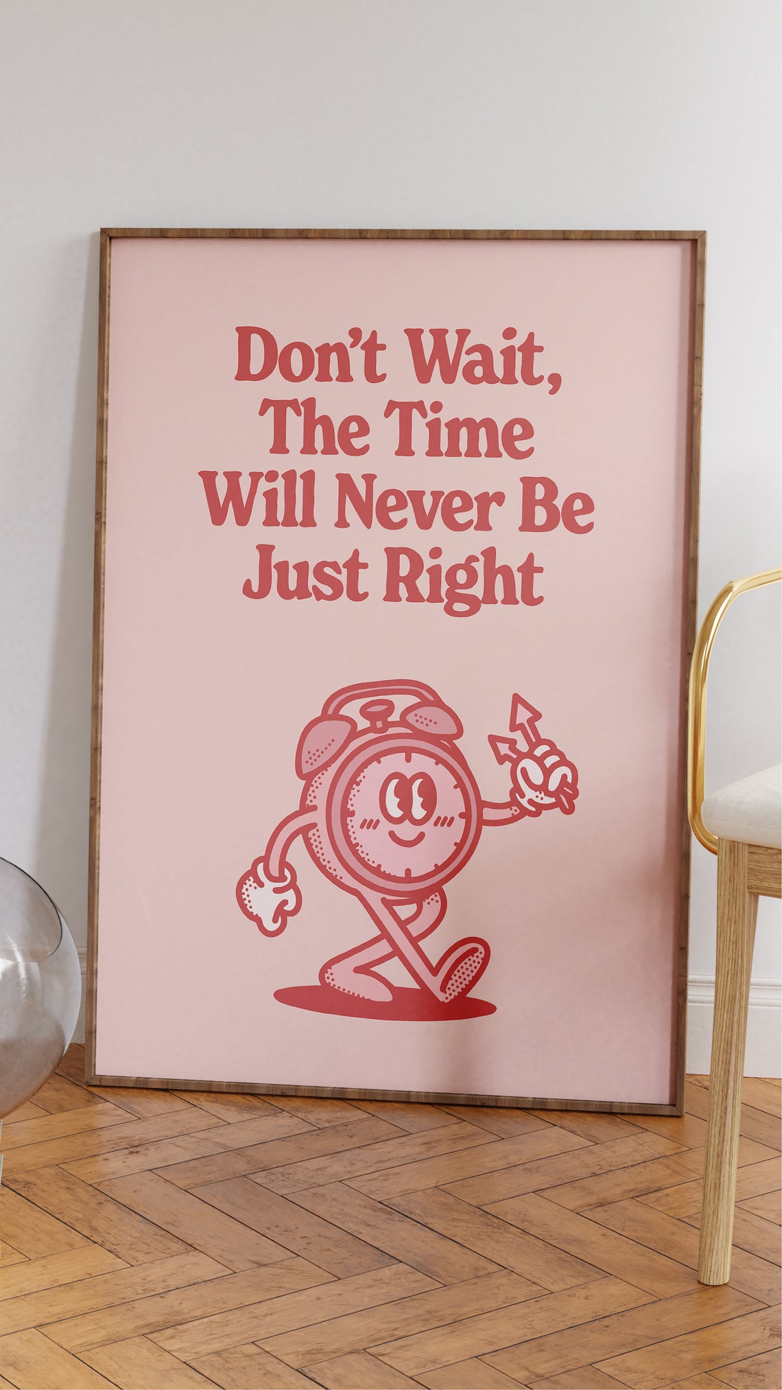 Don't Wait the Time Is Right Pink Vintage Alarm Clock Poster - Image 2