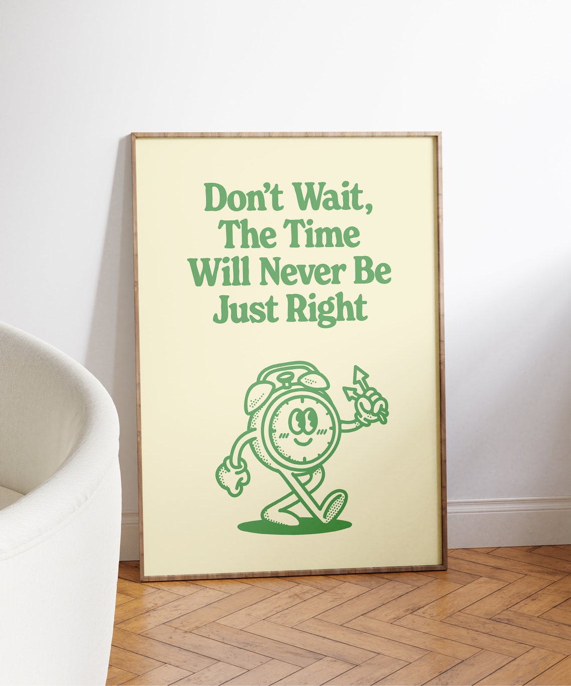 Don't Wait the Time Is Right Green Vintage Alarm Clock Poster - Image 3