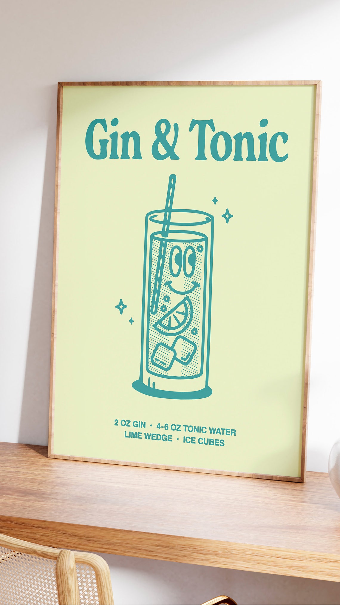 Gin and Tonic Cocktail Recipe Retro Teal Bar Cart Kitchen Wall Art - Image 2