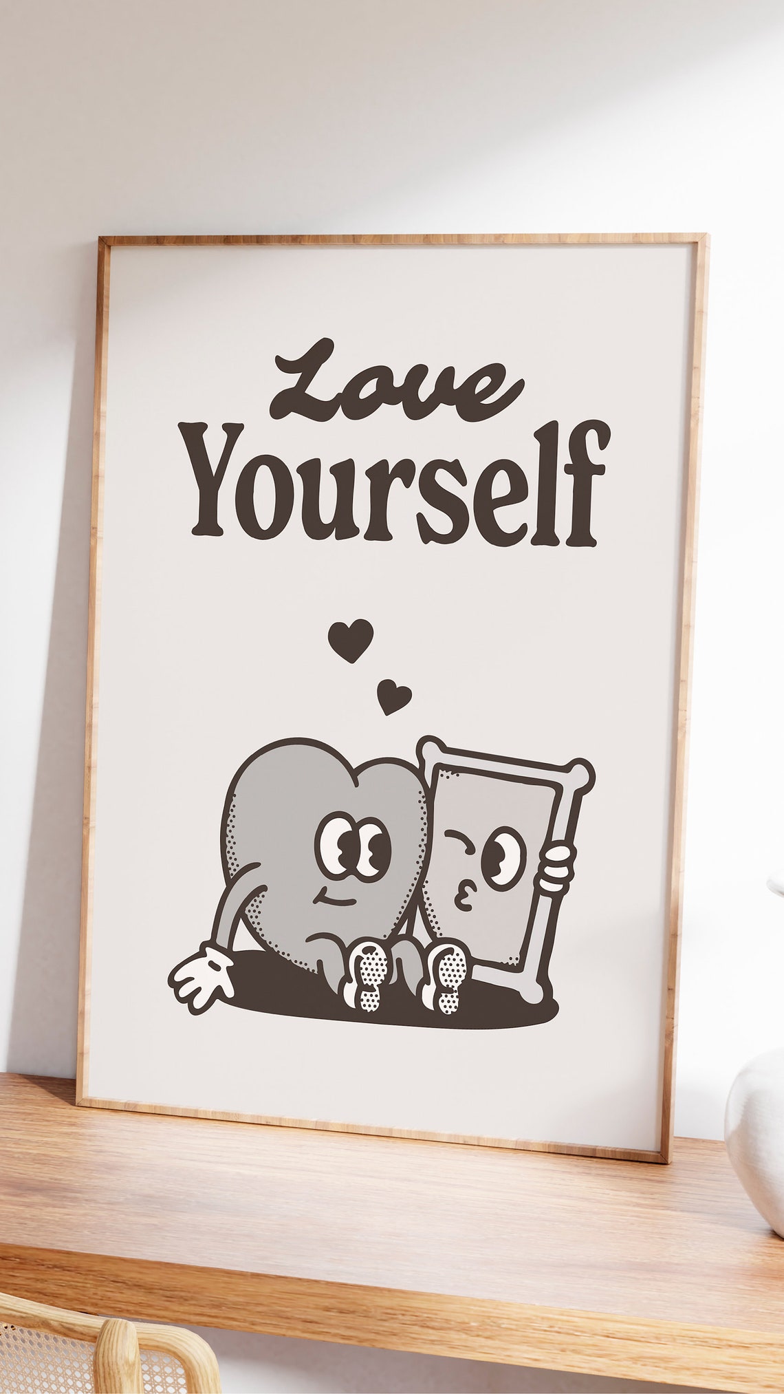 Love Yourself Heart Character Mirror Vintage Retro Affirmation Poster - Image 2