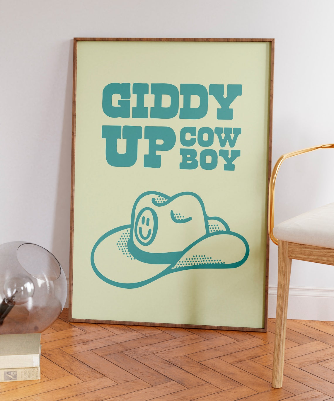 Giddy Up Cowboy Teal Smiling Cowboy Hat Retro Western Art Print - Image 4