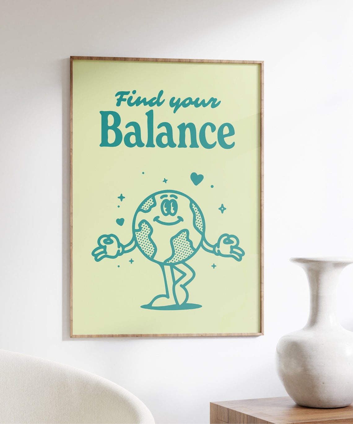 Find Your Balance Teal Globe Retro Character Quote Art Print - Image 3