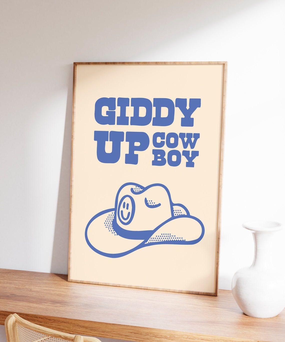 Giddy Up Cowboy Blue Smiling Cowboy Hat Retro Western Quote Poster - Image 3