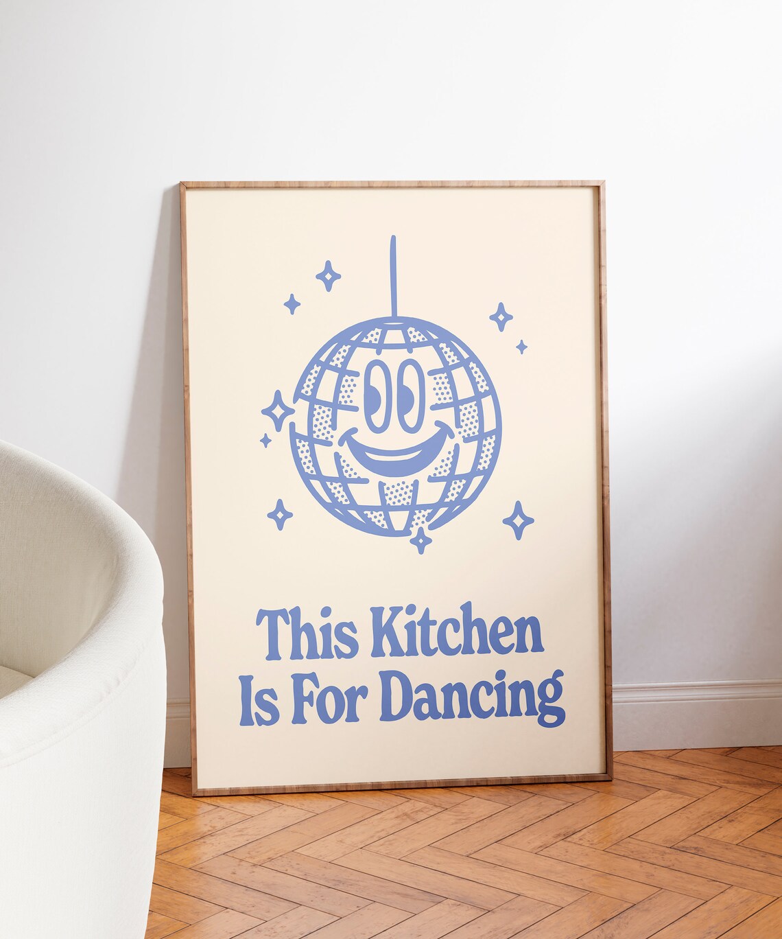 This Kitchen Is For Dancing Blue Smiling Disco Ball Retro Kitchen Quote Poster - Image 3