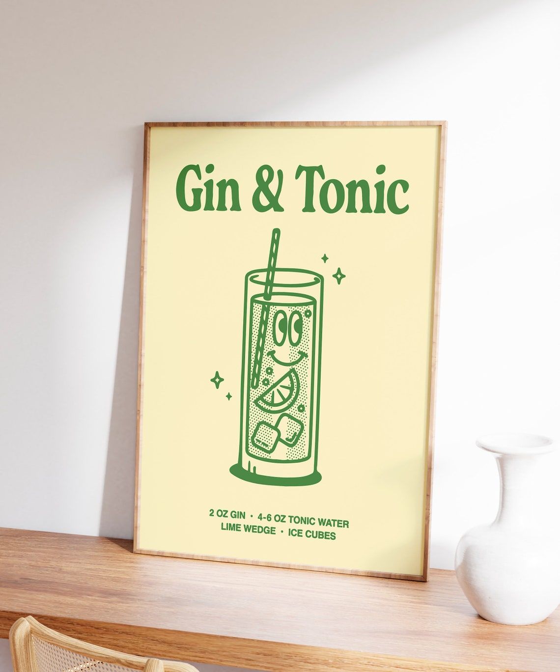 Gin and Tonic Cocktail Recipe Green Line Art Bar Cart Poster - Image 5