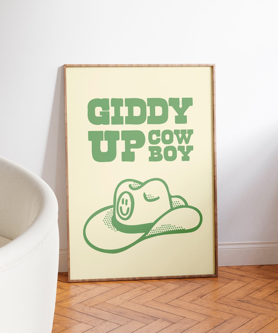 Giddy Up Cowboy Green Smiling Cowboy Hat Retro Western Quote Poster - Image 3