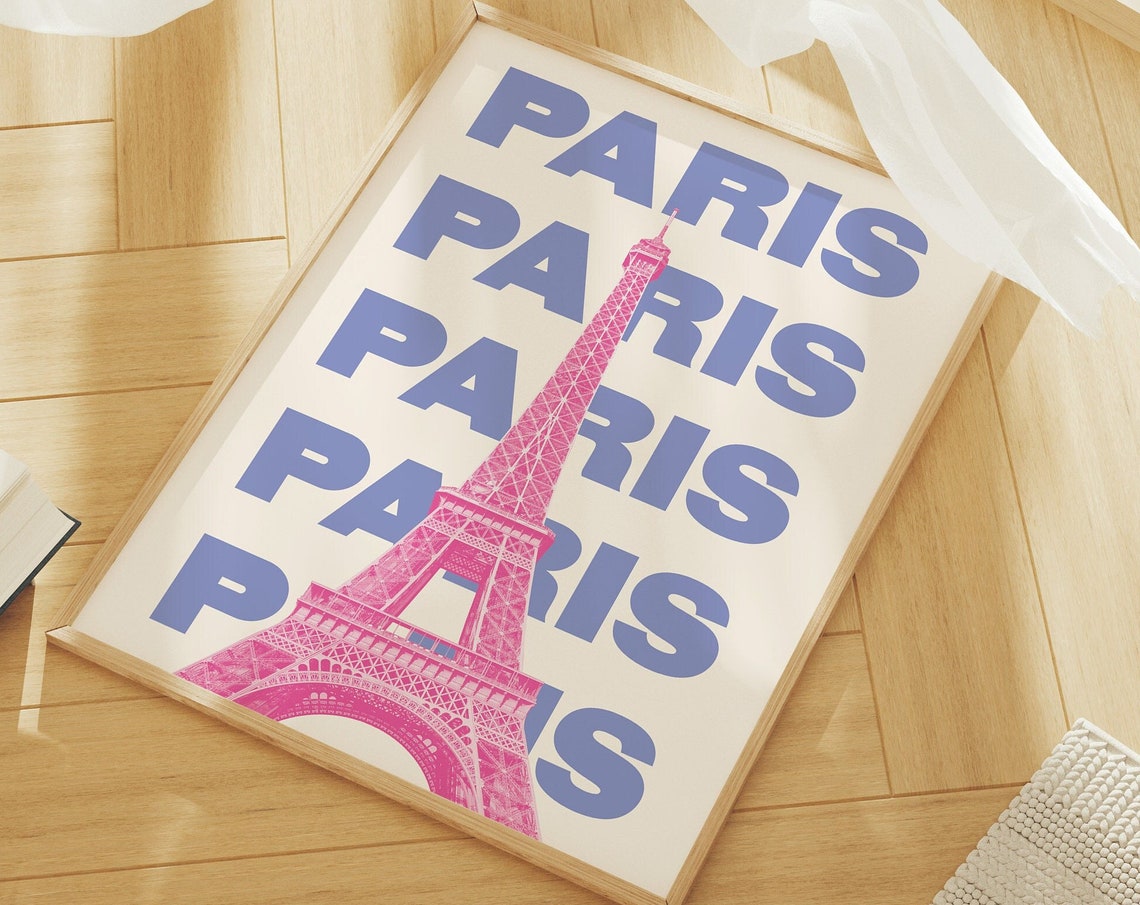 Paris Eiffel Tower Poster with Pink Tower and Bold Blue Typography