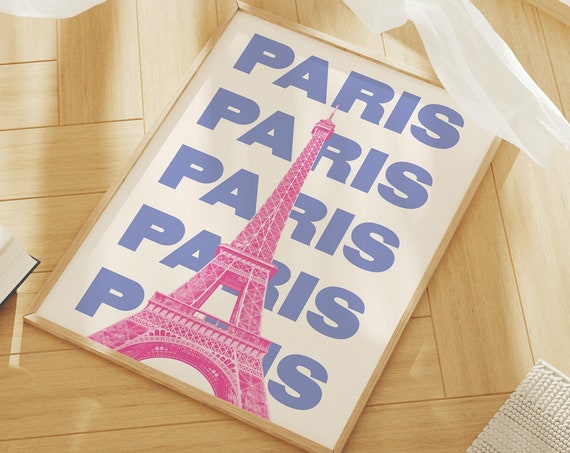 Paris France Travel Print Art Pink Blue Eiffel Tower Travel Exhibition Print Cute Trendy Wall Art