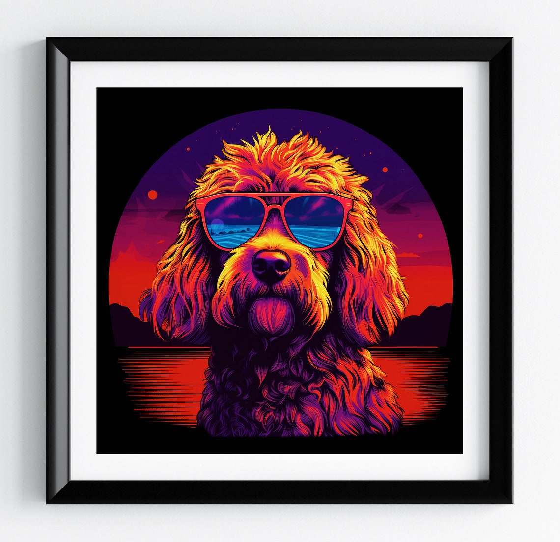 Goldendoodle Retro Neon Sunset Synthwave Dog Portrait Poster