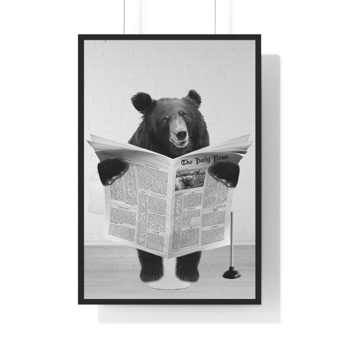 Black Bear On Toilet With Newspaper Funny Bathroom Scene Wall Art