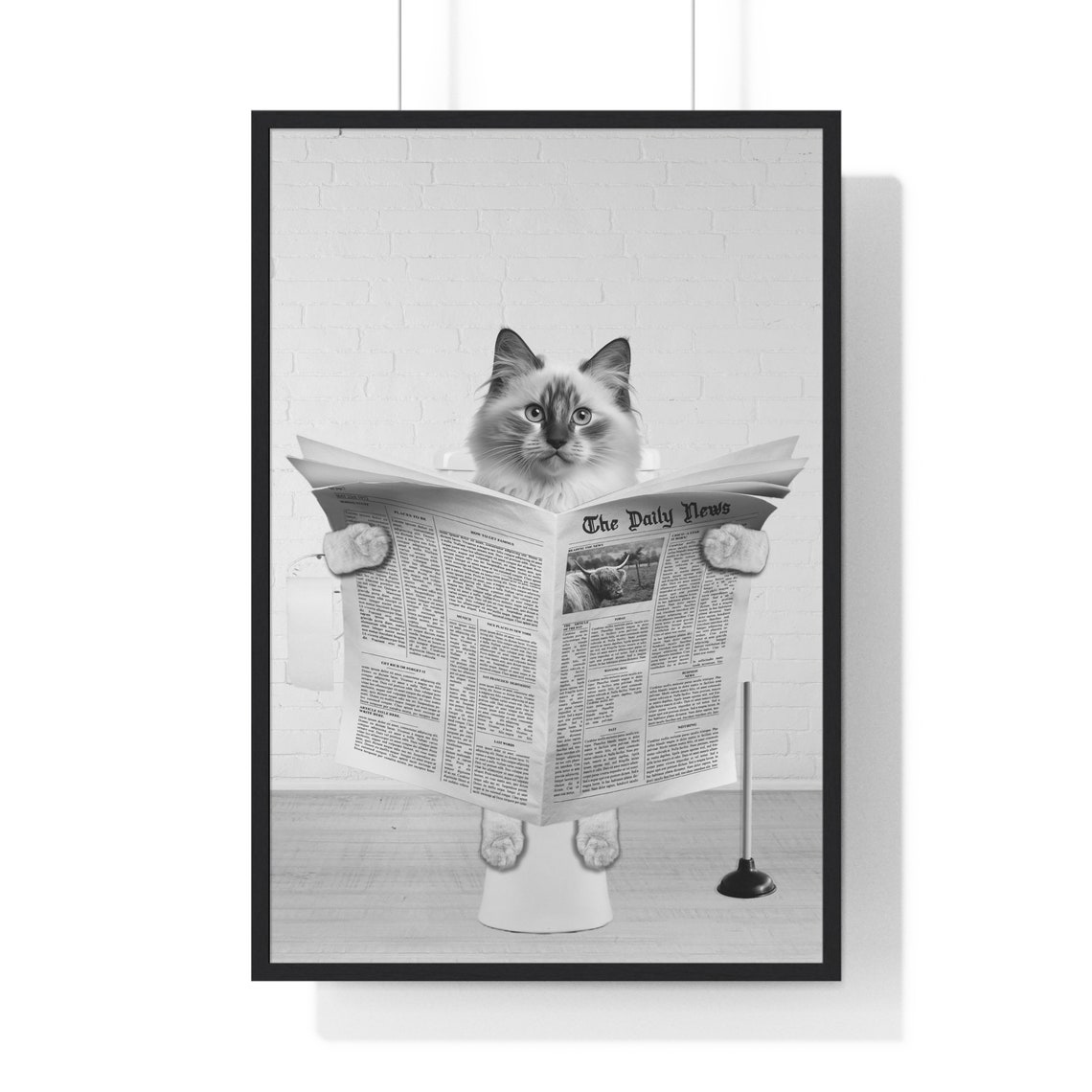 Ragdoll Cat Reading Newspaper on Toilet Funny Bathroom Poster