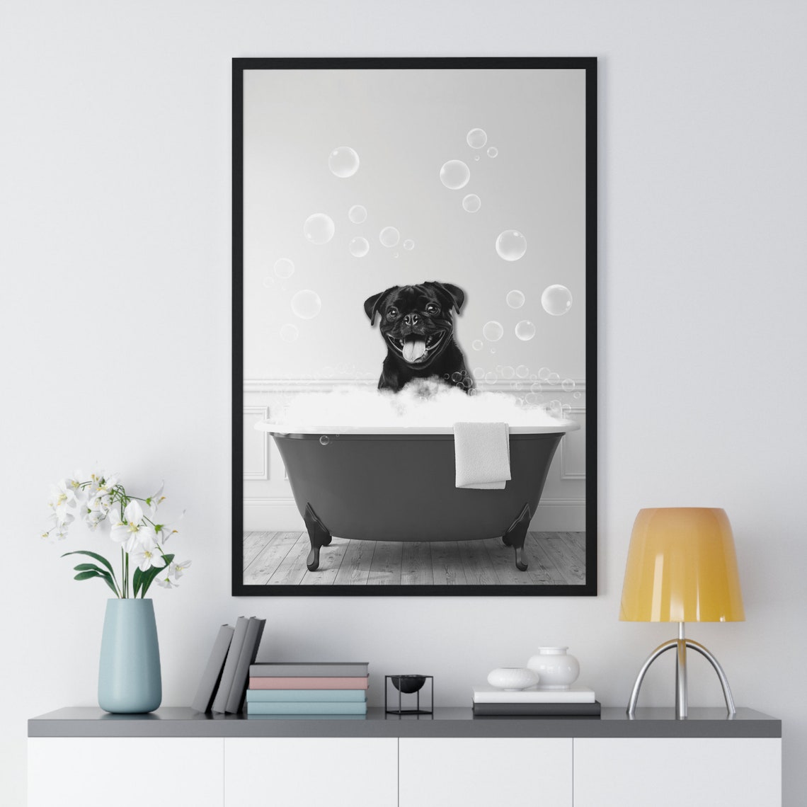 Happy Smiling Pug Relaxing in Bubble Bath Funny Bathroom Decor Poster - Image 2