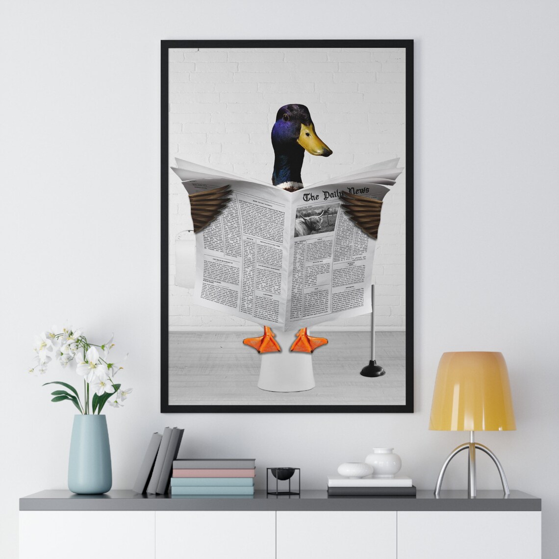 Mallard Duck Reading the News on the Toilet Funny Bathroom Poster - Image 2