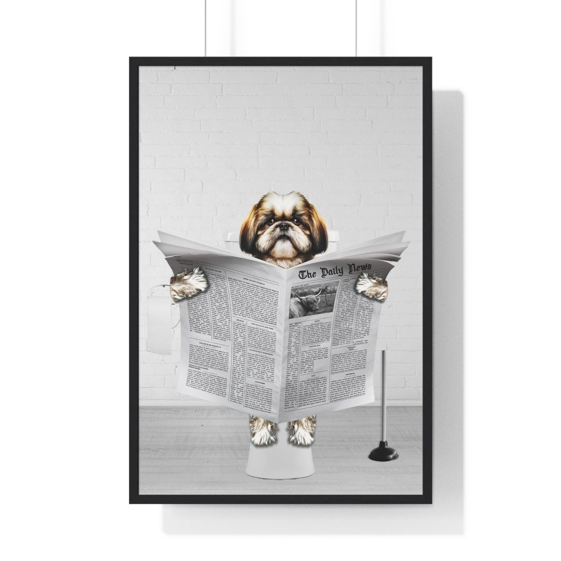 Shih Tzu Reading Newspaper Funny Dog Bathroom Humor Art Poster
