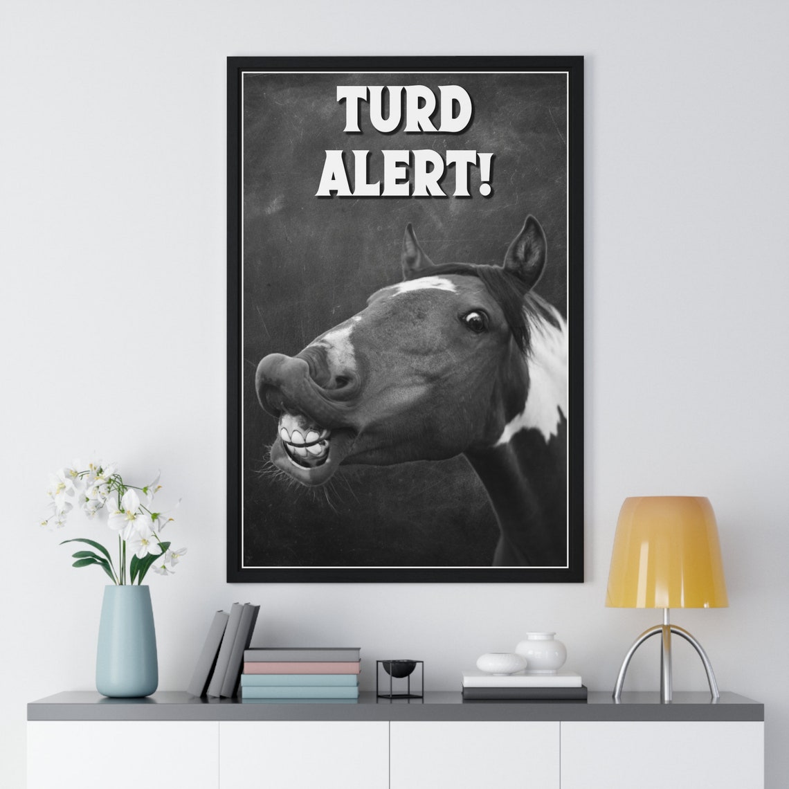 Black And White Laughing Horse Selfie Turd Alert Funny Bathroom Poster - Image 2