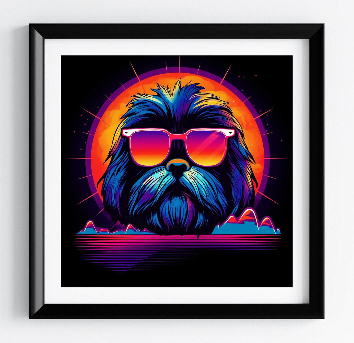 Shih Tzu Neon Red Sun Mountain Sunset Retro Dog Portrait Poster