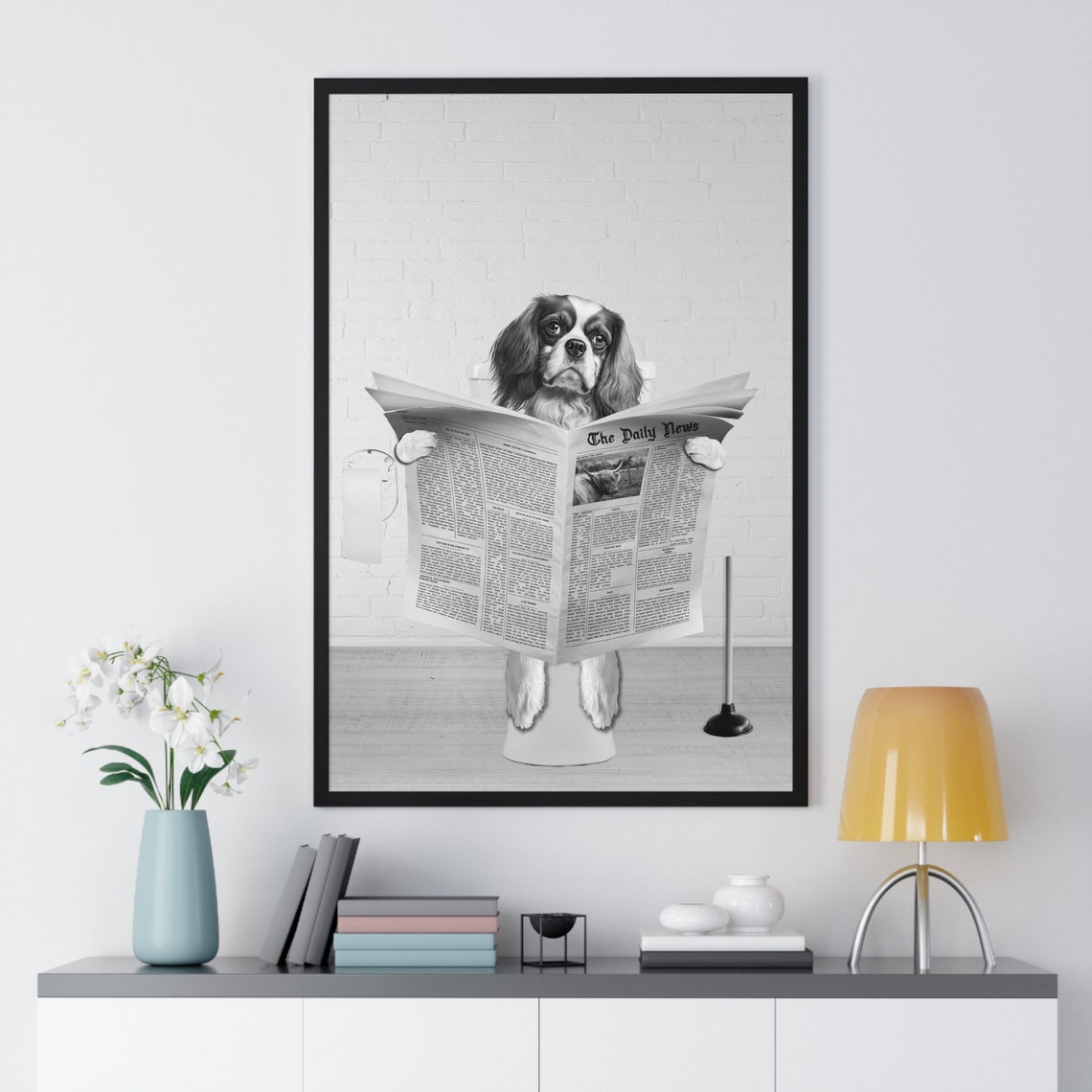 King Charles Spaniel Wall Art Funny Bathroom Print Toilet Poster Bathroom Art King Charles Spaniel Black And White - Image 2