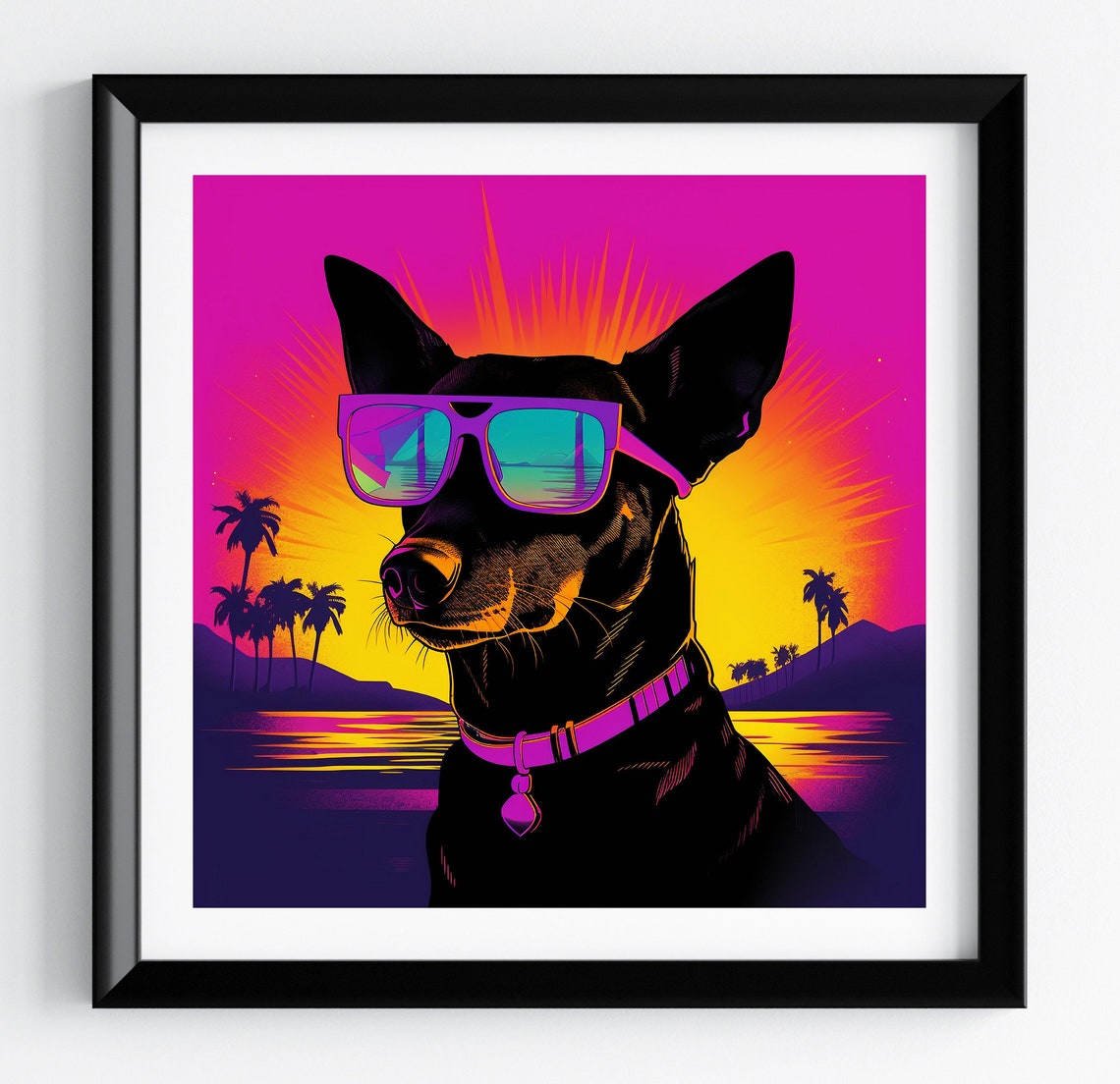 Miniature Pinscher Neon Pink Sunset Palm Tree Retro Dog Poster