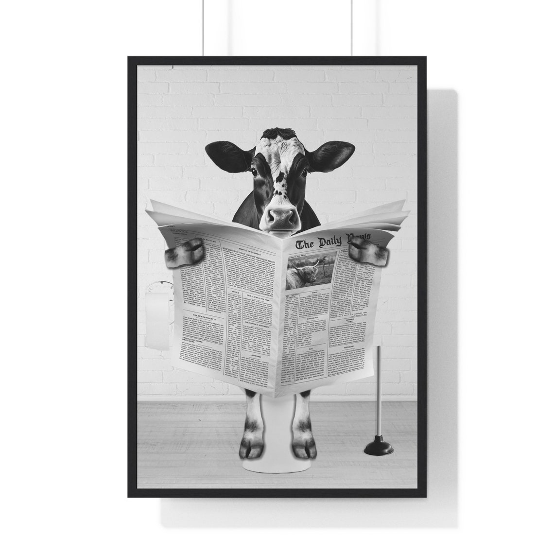 Cow Reading Newspaper on Toilet Funny Black and White Poster