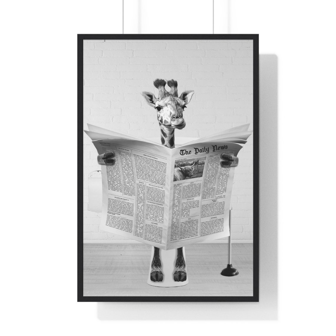 Giraffe Reading Newspaper on Toilet Funny Black and White Poster