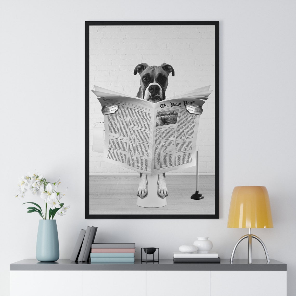 Boxer Dog Reading Newspaper While Sitting On Toilet Funny Poster - Image 2