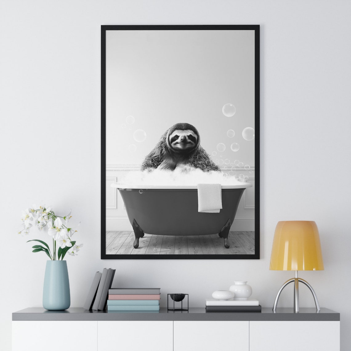 Sloth In Bubble Bath Clawfoot Tub Funny Black And White Poster - Image 2