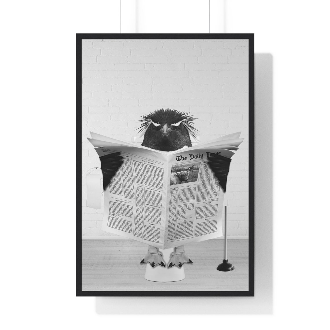 Crested Penguin Reading Newspaper on Toilet Funny Bathroom Poster