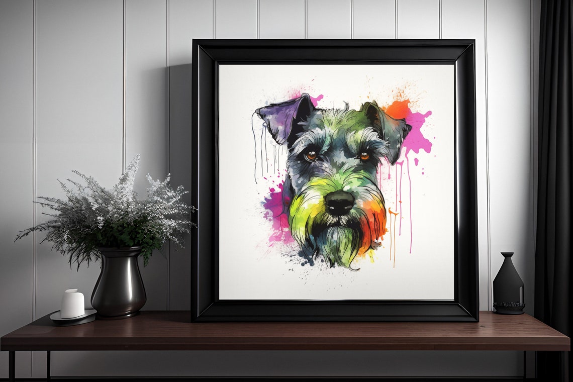 Bearded Miniature Schnauzer Watercolor Splatter Portrait Dog Poster