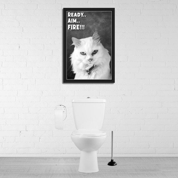 Black And White Grumpy White Cat Selfie Ready Aim Fire Funny Bathroom Poster