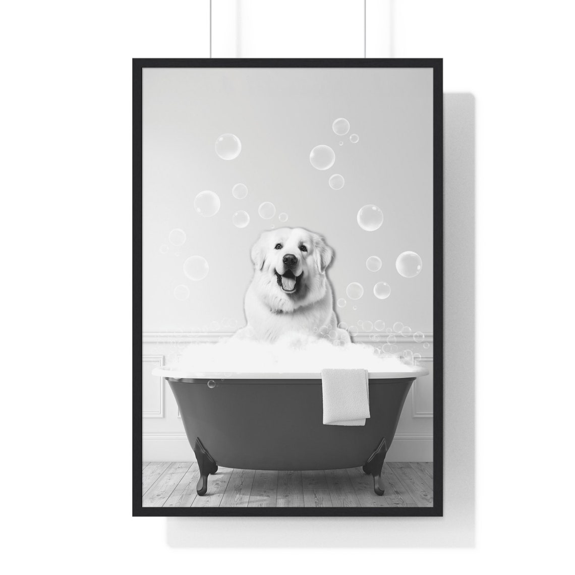 Great Pyrenees Dog in a Bubble Bath Funny Black and White Poster