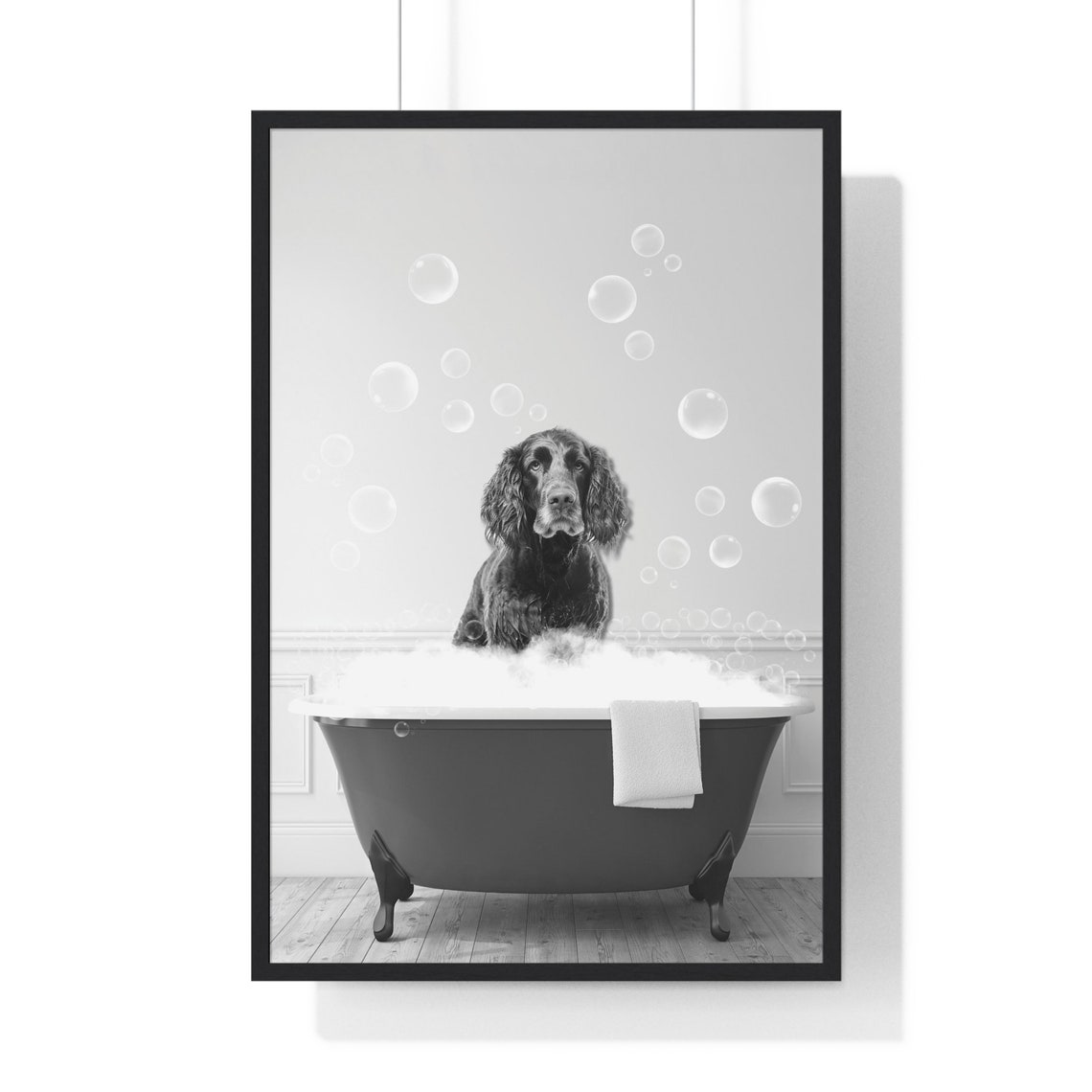 Spaniel Dog in a Bubble Bath Black and White Funny Bathroom Poster