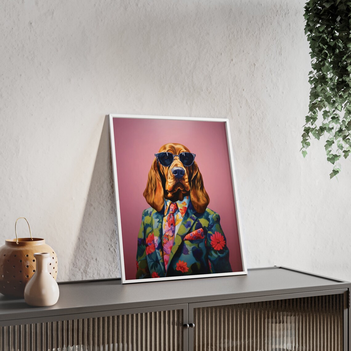 Bloodhound Dog in a Green Floral Blazer Cool Portrait Poster - Image 2