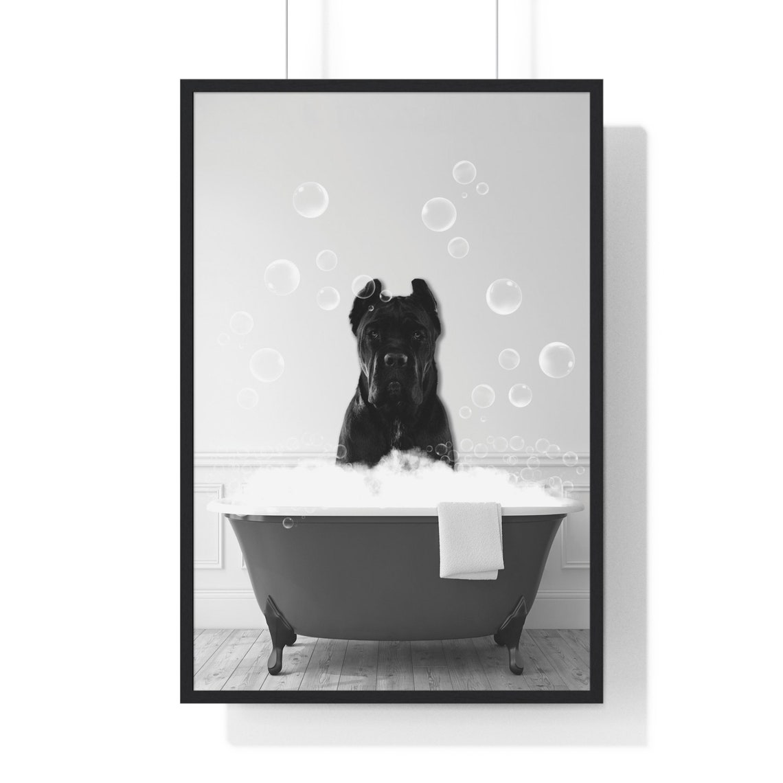 Cane Corso Dog in a Bubble Bath Black and White Funny Bathroom Poster