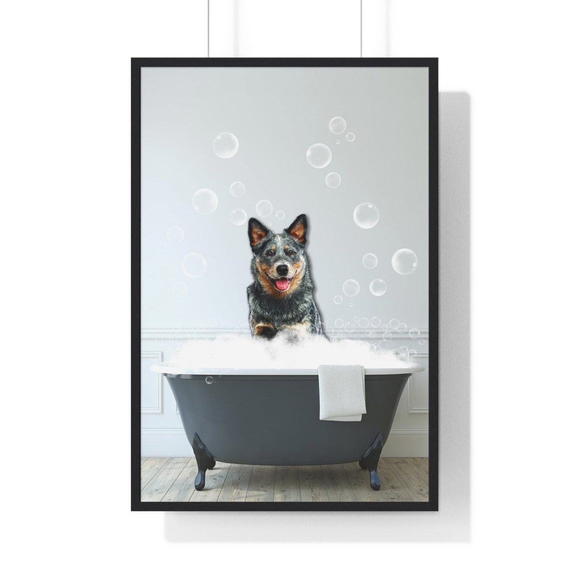 Australian Cattle Dog in Bubble Bath Funny Bathroom Art Poster