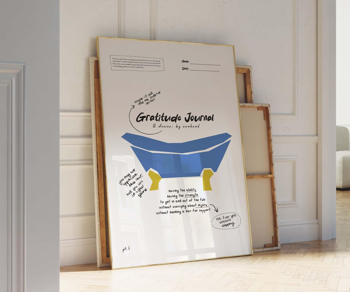 Gratitude Journal Bathtub Part 1 Blue Tub Handwritten Whimsical Poster