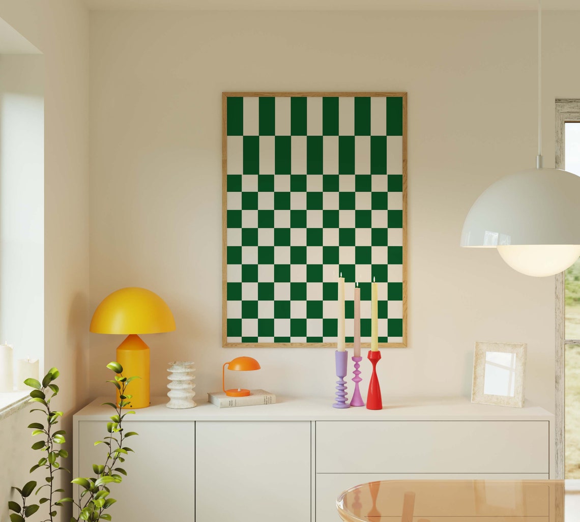 Green Checkered Retro Pattern Print 70s Checkerboard Kitchen Decor - Image 3