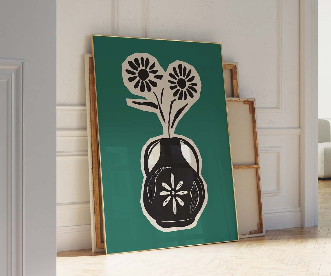 Green Botanical Vase with Daisies Abstract Floral Still Life Print