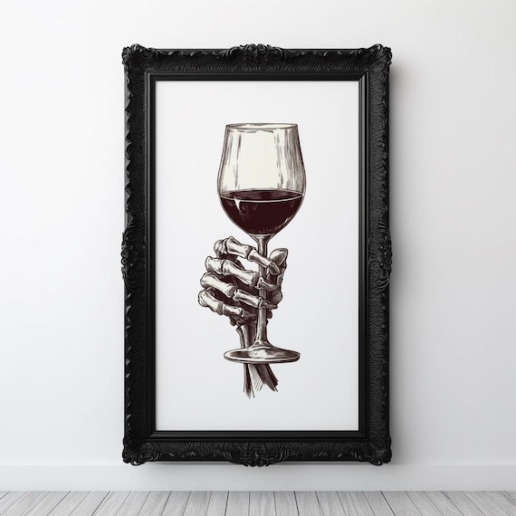 Skeleton Wine Gothic Illustration, Bar Decor