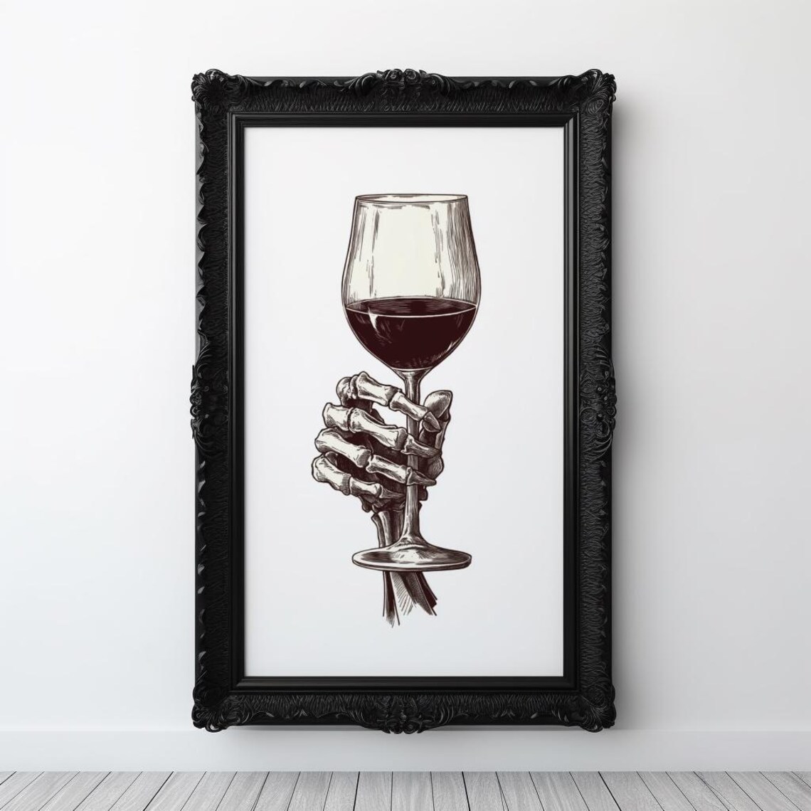Skeleton Wine Gothic Illustration, Bar Decor