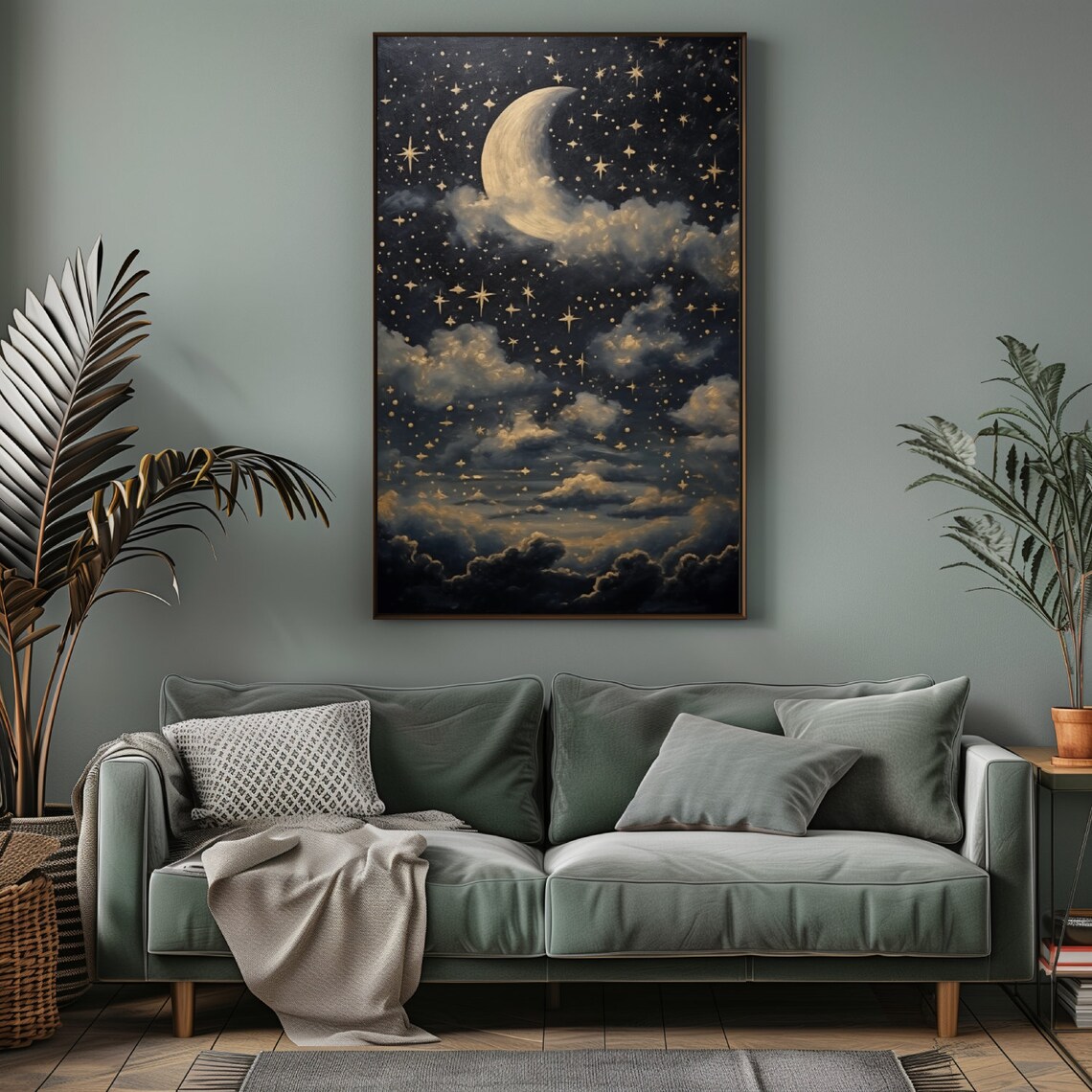 Crescent Moon Starry Night Sky Vintage Painting Midnight Moon Wall Art Evening Sky Print Celestial Artwork Dark Academia Decor - Image 5