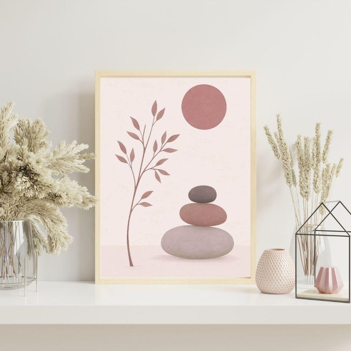 Minimalist Zen Balancing Stones Dusty Rose Sun Japandi Poster