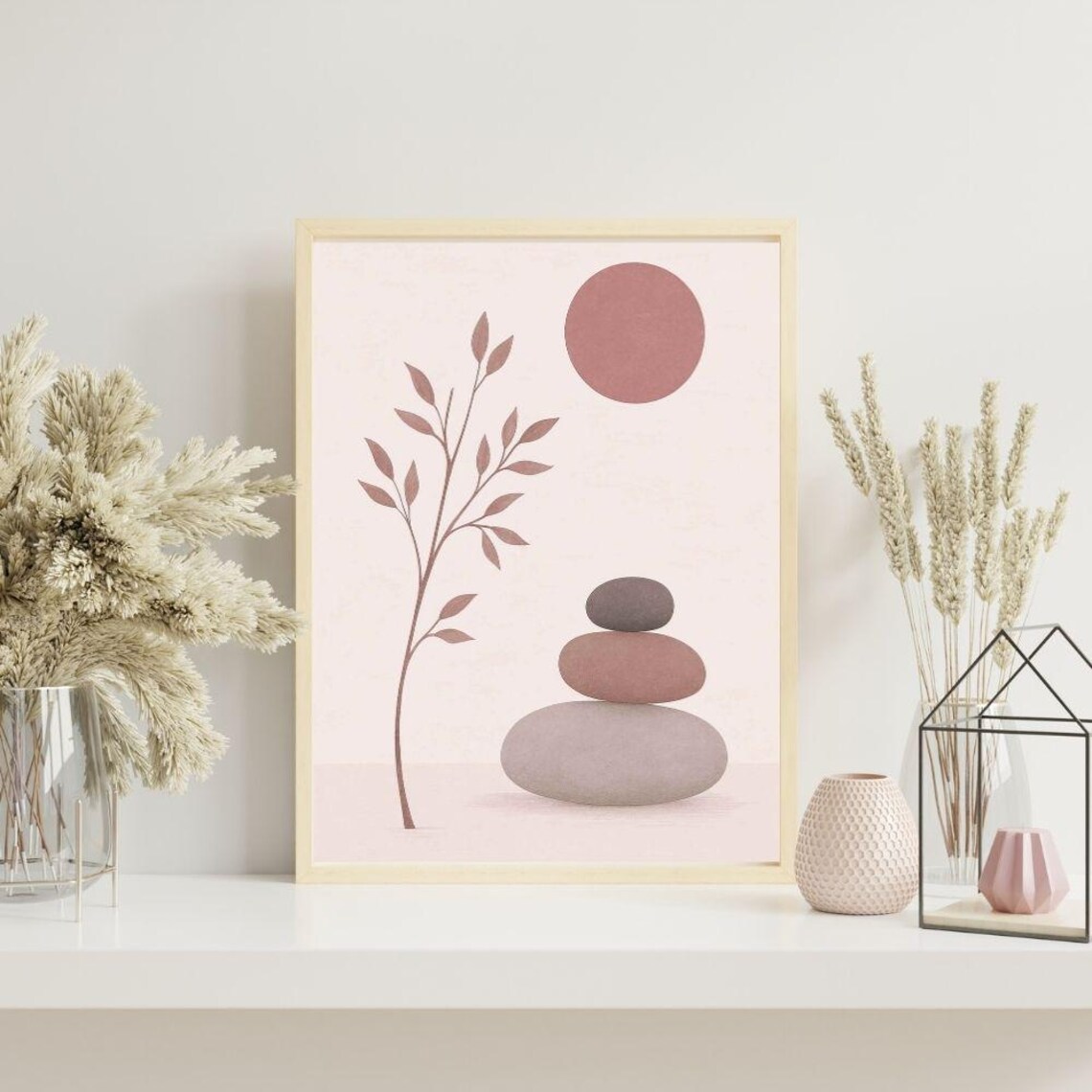Minimalist Zen Print Abstract Leaf Stone Illustration