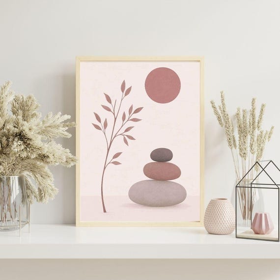 Minimalist Zen Print Abstract Leaf Stone Illustration