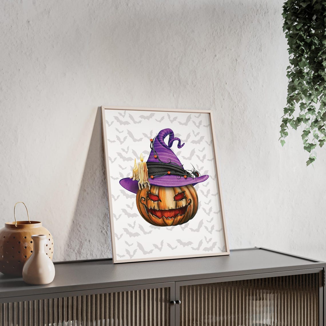 Jack O Lantern Pumpkin Purple Witch Hat Watercolor Halloween Poster