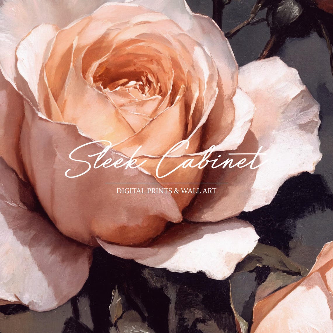 Peach Roses and Buds in Shadow Vintage Moody Floral Wall Art - Image 3
