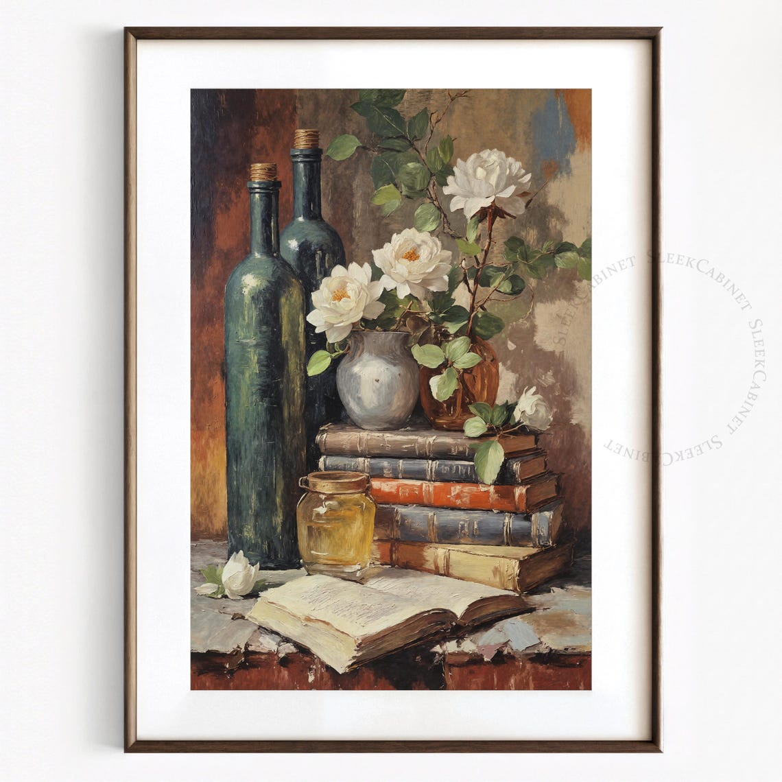 Vintage Books Wine Bottles White Roses Still Life Oil Art Poster - Image 2