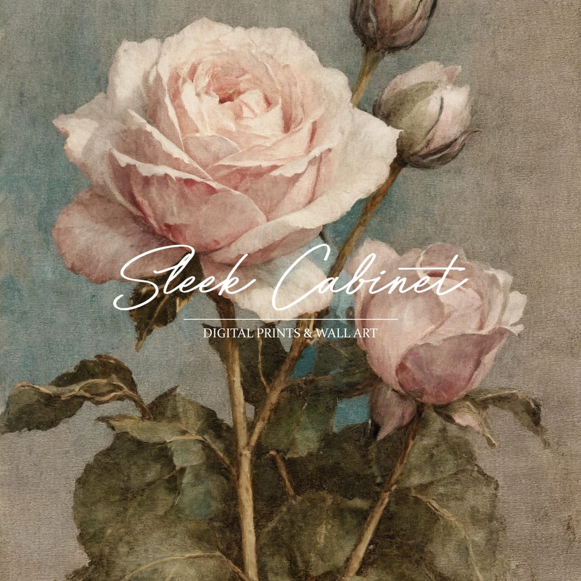 Tall Stem Blush Rose and Buds Vintage Botanical Painting Print - Image 3