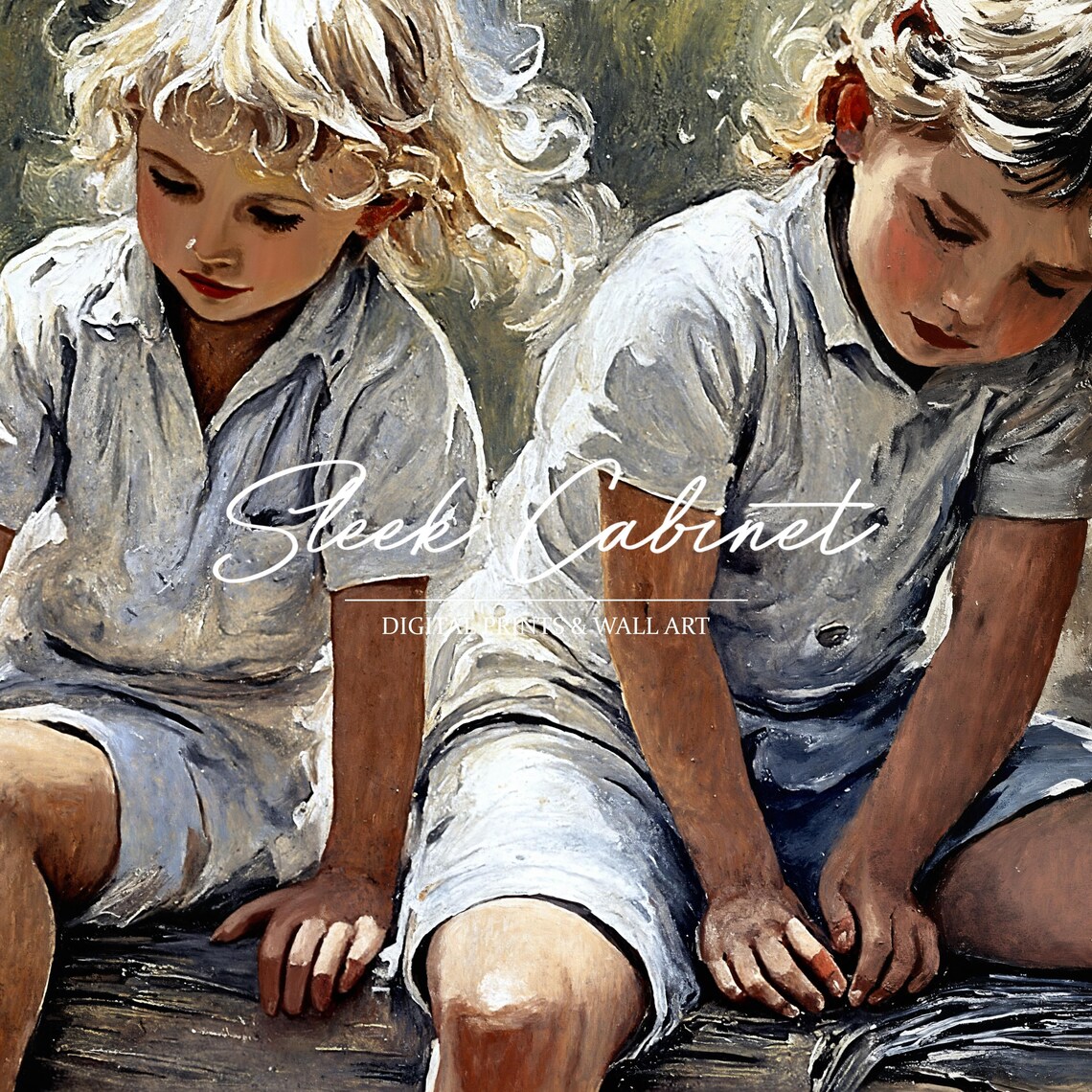 Barefoot Children Playing at Creek Summer Nostalgic Painting Poster - Image 3