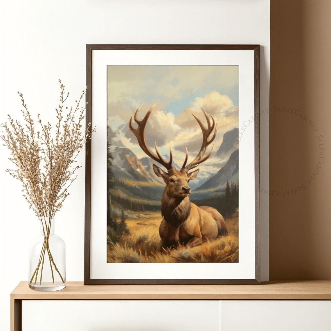Resting Elk Stag Golden Meadow Mountain Valley Wildlife Art Poster - Image 2