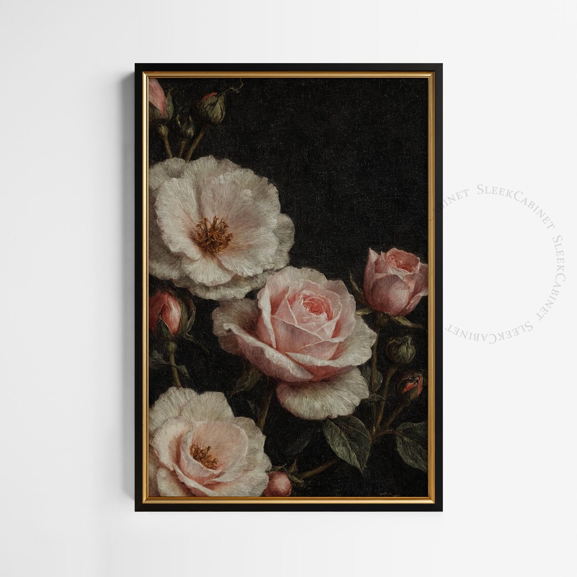 Romantic Pink and White Roses Dark Vintage Floral Still Life Poster - Image 2